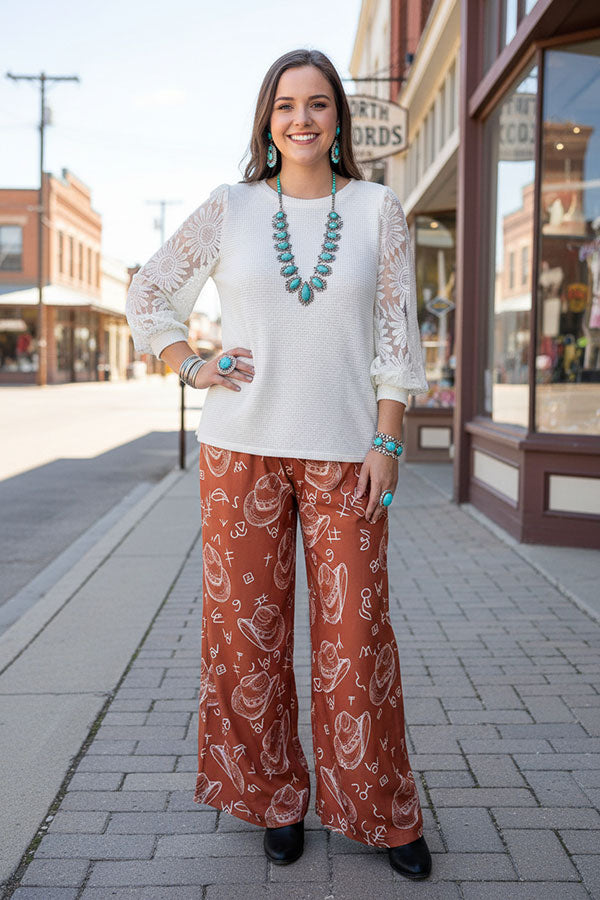 Western hat & patterns printed wide leg women pant XCH16885