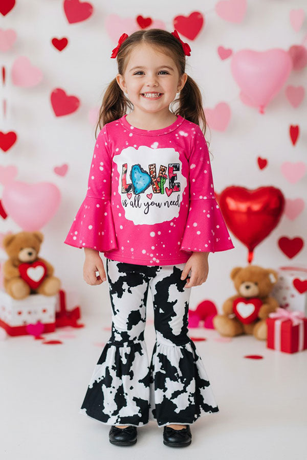 ”Love is all you need“ print top cow bell-bottom 2pc girls sets X0018-13