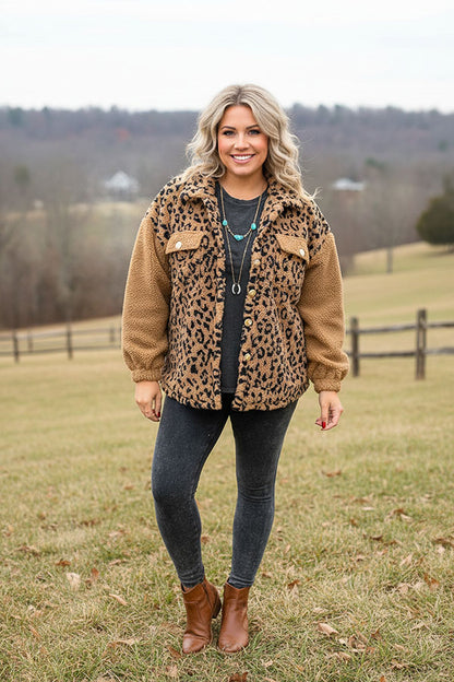 Plus size sherpa leopard & brown long sleeve women jacket w/pockets BQ15975
