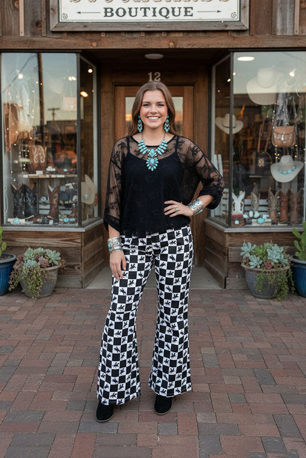 Western horse riding patterns denim jeans flare legs women pant XCH16893