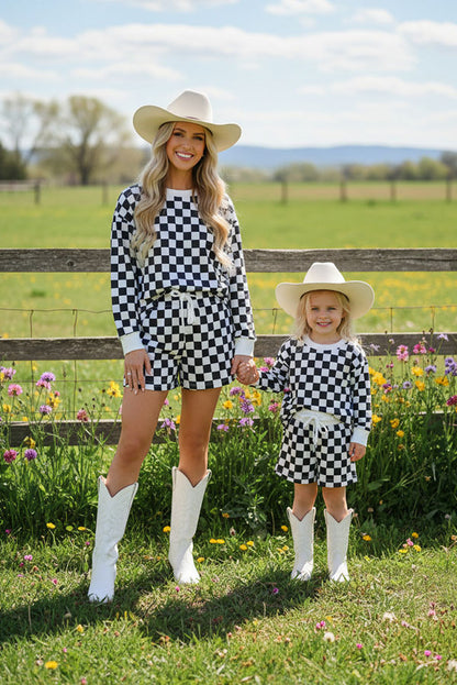 Mom and me checkered printed long sleeve top & shorts 2pc girls sets XCH04048