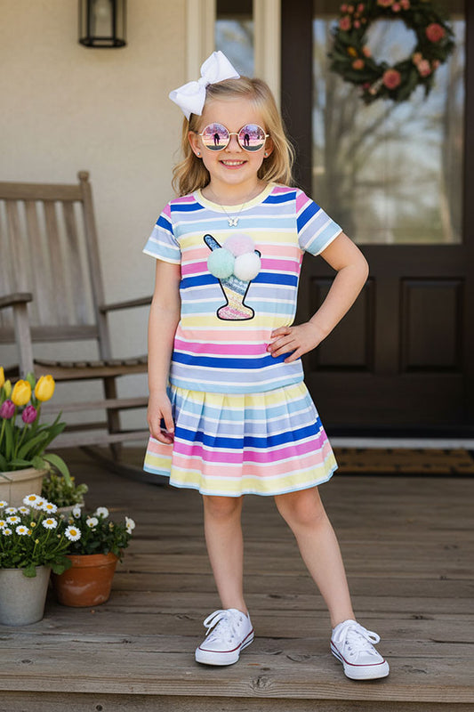 Wholesale multi color striped top & pompoms & skirt 2pcs girls sets DLH2872