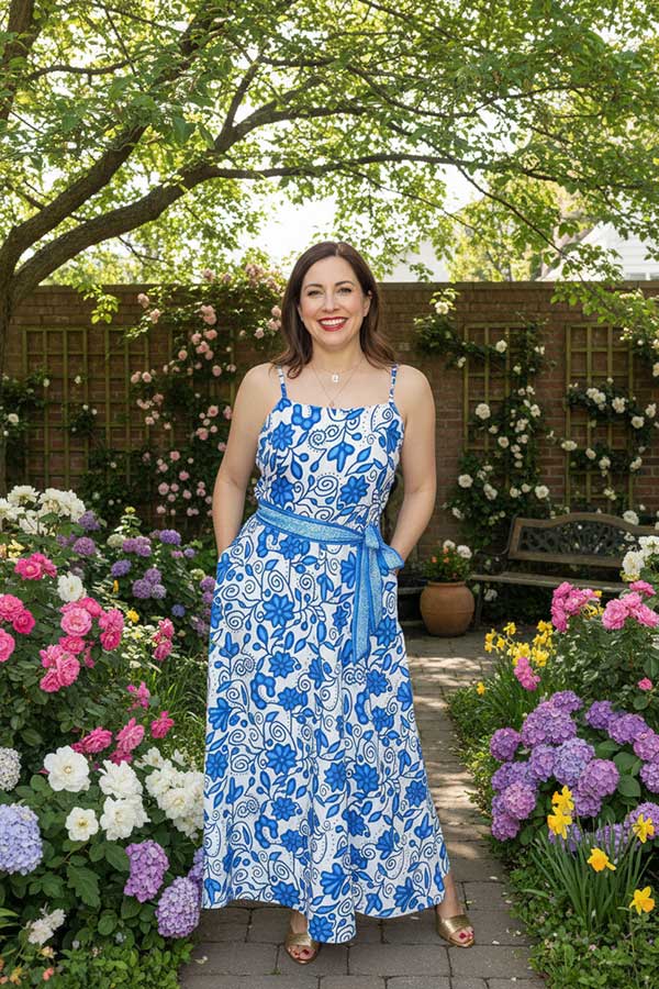 Ladies maix dress wholesale Blue floral printed sleeveless dress w/belt BQ15897