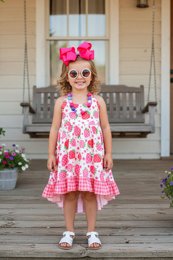 X0888-19 Pink plaid strawberry printed sleeveless girls swirl dress