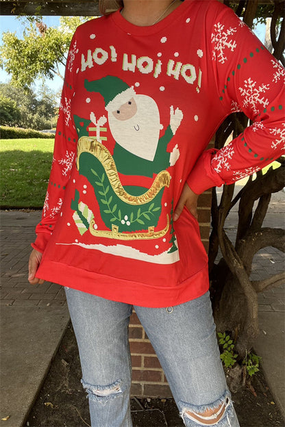 BQ15771 "HO!HO!HO!Claus Santa printed for Christmas holiday long sleeve women red tops