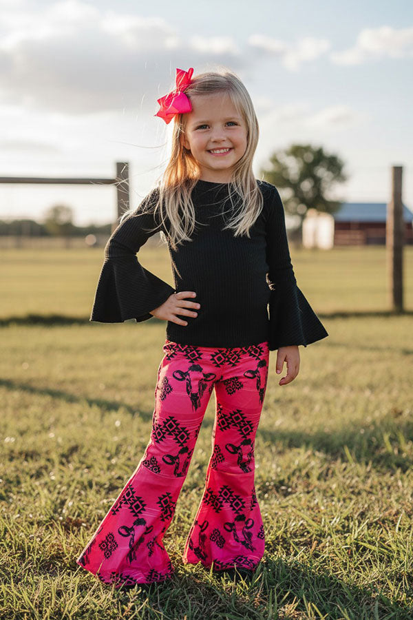 Western black top bull & aztec printed bell bottom girls boutique set DLH2557