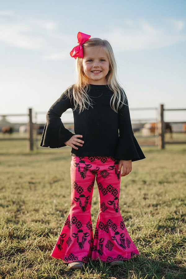 Western black top bull & aztec printed bell bottom girls boutique set DLH2557