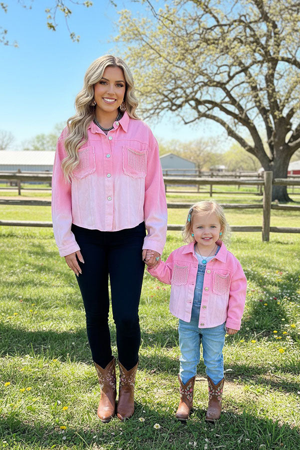 Mom and me Rhinestone fringe pink denim women top DLH13627