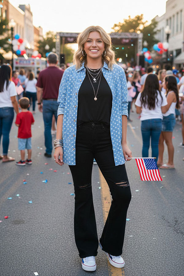 4th of July washed denim stars button up women's blouse DLH14691