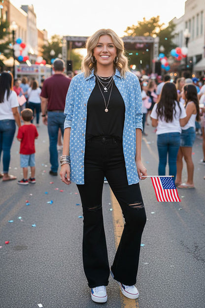 4th of July washed denim stars button up women's blouse DLH14691