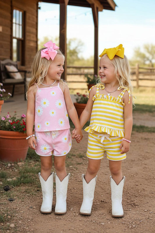 Mix & Match Pink floral & Yellow stripe girl's boutique set (2 sets bundle) DLH2409
