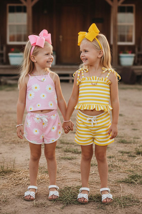 Mix & Match Pink floral & Yellow stripe girl's boutique set (2 sets bundle) DLH2409