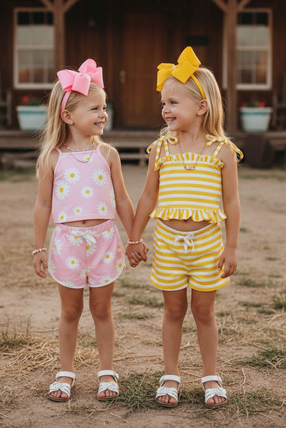 Mix & Match Pink floral & Yellow stripe girl's boutique set (2 sets bundle) DLH2409