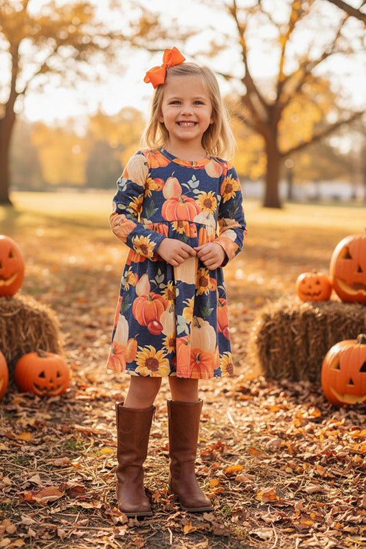 Halloween pumpkins & sunflowers girls boutique dress DLH2607