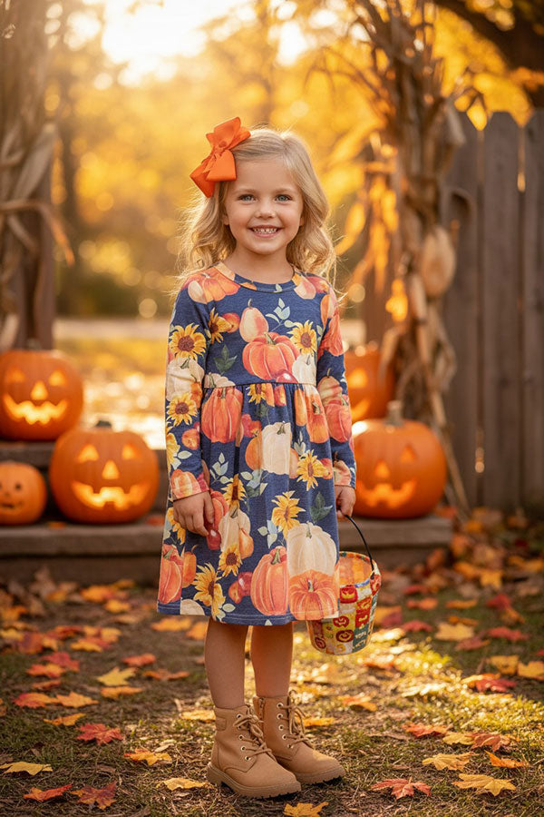 Halloween pumpkins & sunflowers girls boutique dress DLH2607