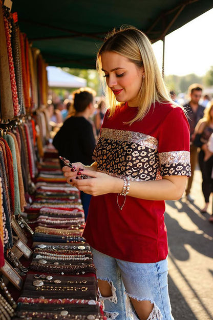 Wholesale Red & leopard & sequin color block short sleeve women t-shirt GJQ16250