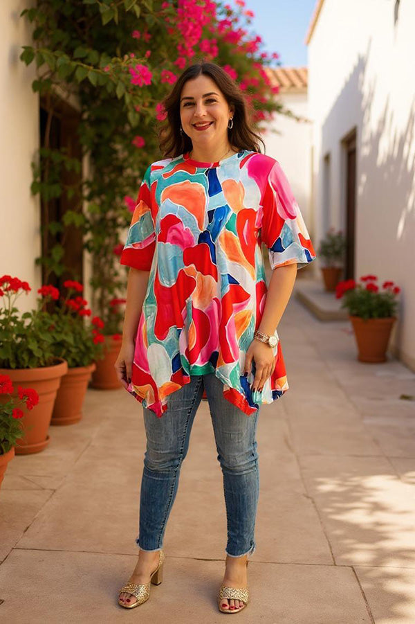 Wholesale women's blouse w/Abstract Print high low style & short sleeves GJQ16290