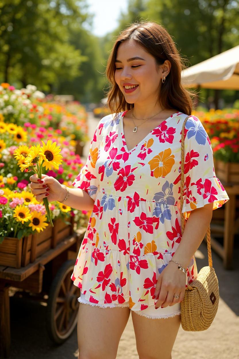 Women's clothes wholesaler Floral prints & bell short sleeve top BQ15952