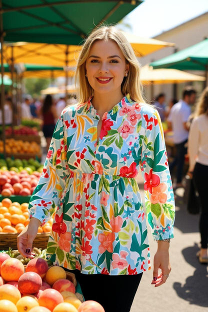 Buy women's blouse w/floral printed & 3/4 sleeves v-neckline GJQ16231