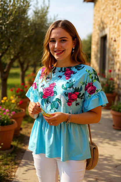 Wholesale ladies clothing Mint & floral printed baby doll short sleeve tops XCH15846