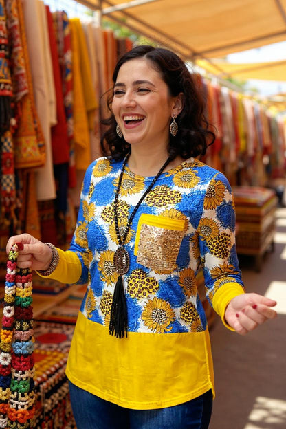 XCH10344 Blue & yellow sunflower printed long sleeve top w/sequin pocket