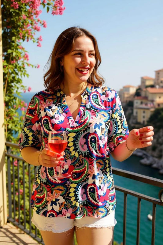 Women blouse suppliers Multi color paisley & floral printed & short sleeves BQ16143