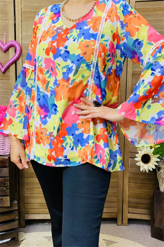 BQ15870 Floral multi color printed 3/4 sleeve w/bell bottom women top w/white ribbon trim