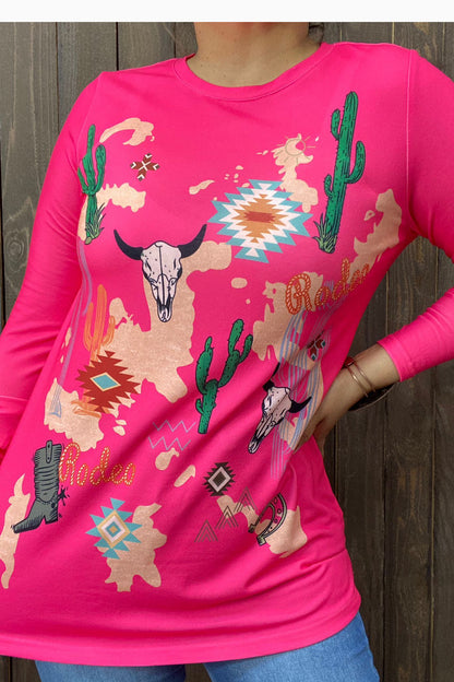 Cactus&boots multi color printed fuchsia fabric long sleeves women tops XCH14126