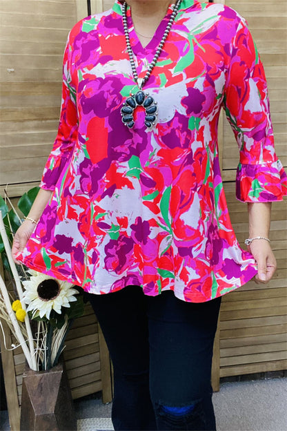 GJQ15810 Turquoise&fuchsia multi color printed 3/4 sleeve w/ruffle women tops w/v-neckline