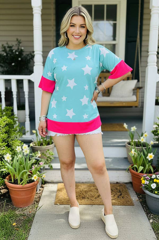 GJQ9799-2 Blue w/white stars print short sleeve w/fuchsia trim women top