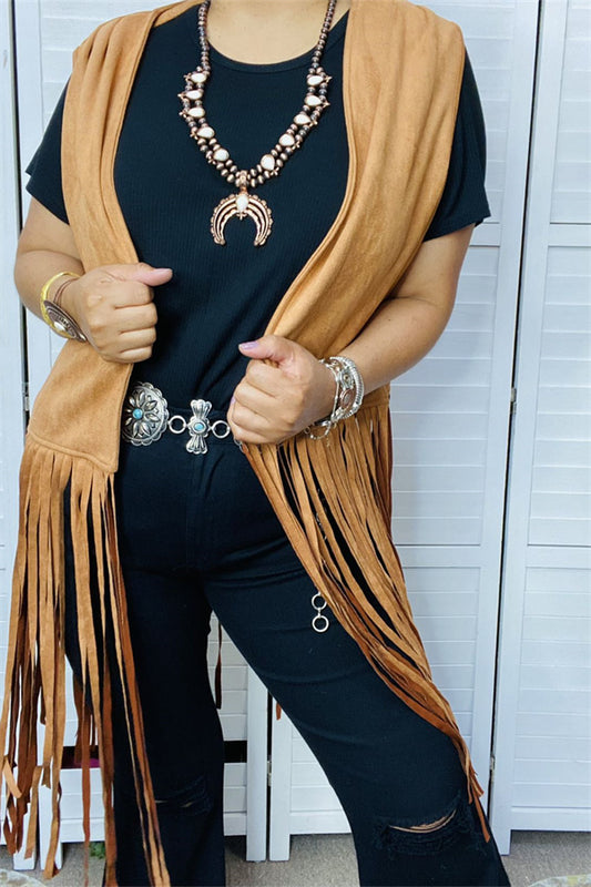 BQ13618 Tan suede fringe tassel vest/cardigan