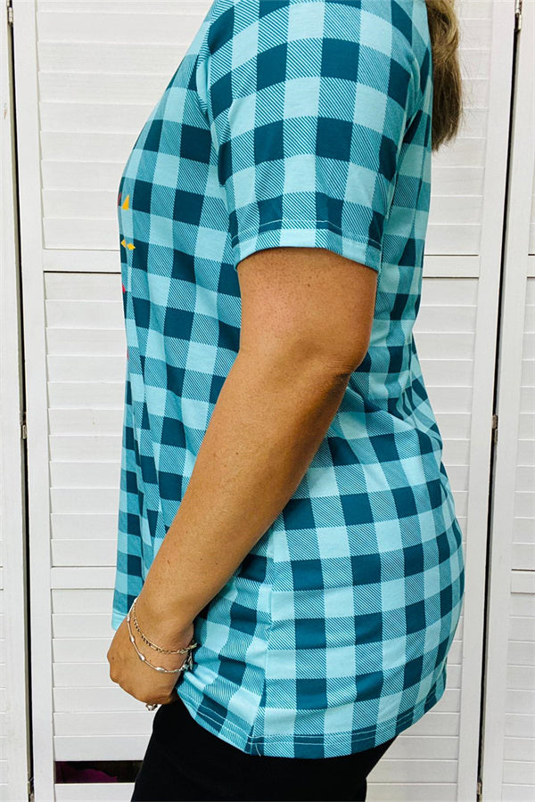 XCH12304 Blue plaid & Aztec printed short sleeve tops