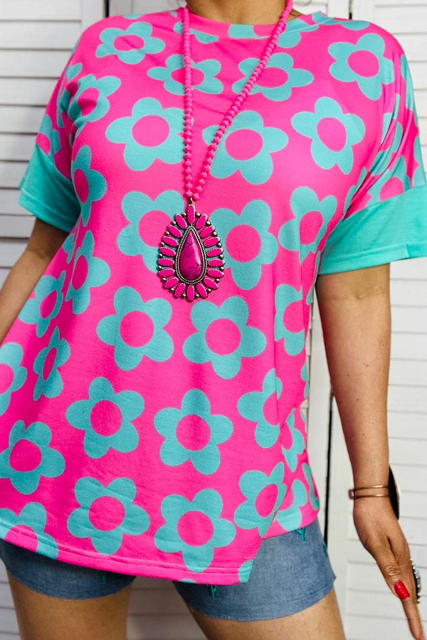 Fuchsia&turquoise color printed short sleeves women tops XCH14603