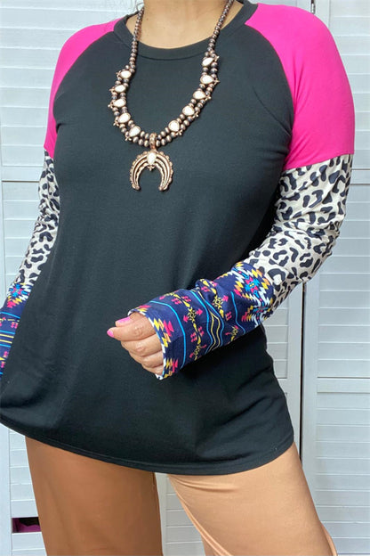 YMY14157 Black&fuchsia block  leopard and Aztec multi color printed long sleeve women tops