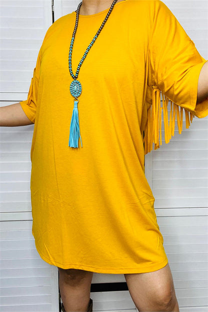 GJQ13217 Mustard yellow short women dress w/back fringe tassel