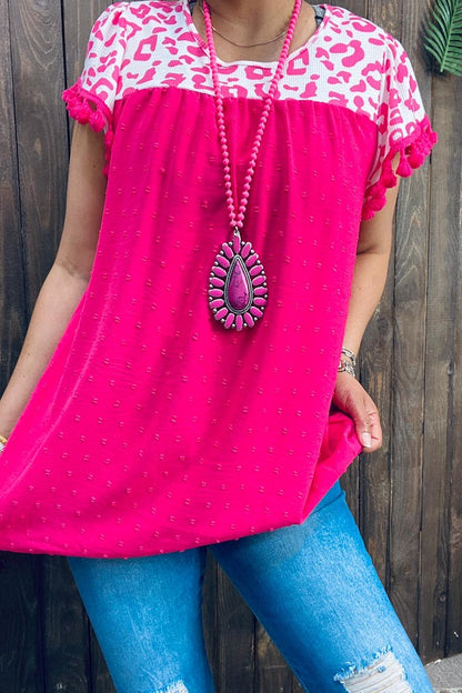 Pink leopard printed/ fuchsia block short sleeves/tassel women top BQ14808