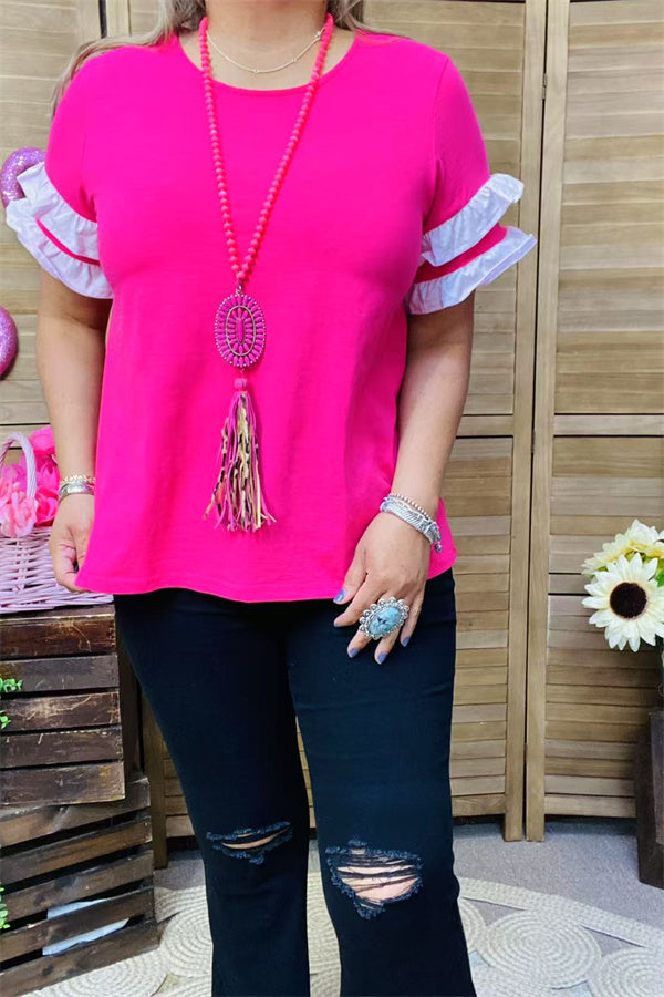 BQ15926 Double pink ruffle short sleeve women fuchsia tops