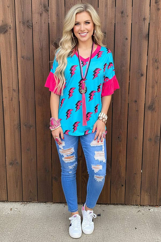 Western turquoise flash print fuchsia ruffle short sleeve women's boutique top YMY8795