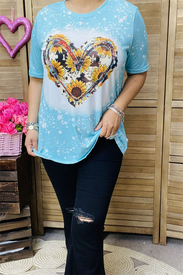 DLH13771 Cow & Sunflower heart printed turquoise short sleeve top