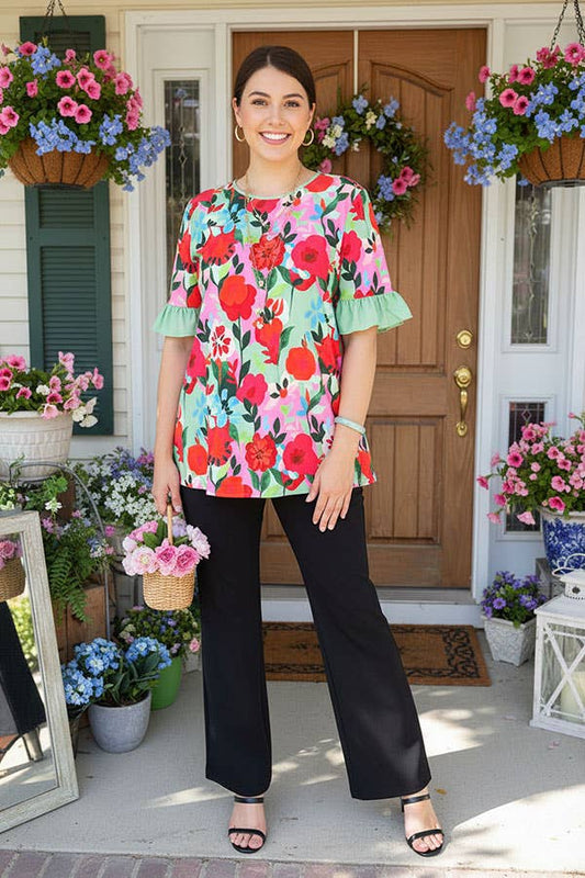 Southern Stitch floral printed mint ruffle short sleeve women's top GJQ16702