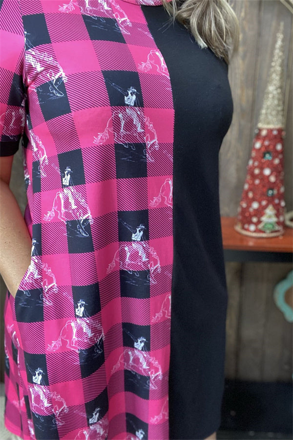 XCH14543 Half pink plaid & Cowboy horse rider black short sleeve dress IS10