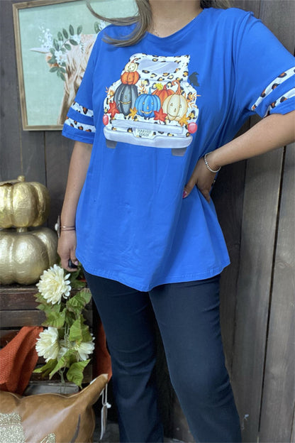 DLH9901 Blue Truck & pumpkin printed short sleeve top