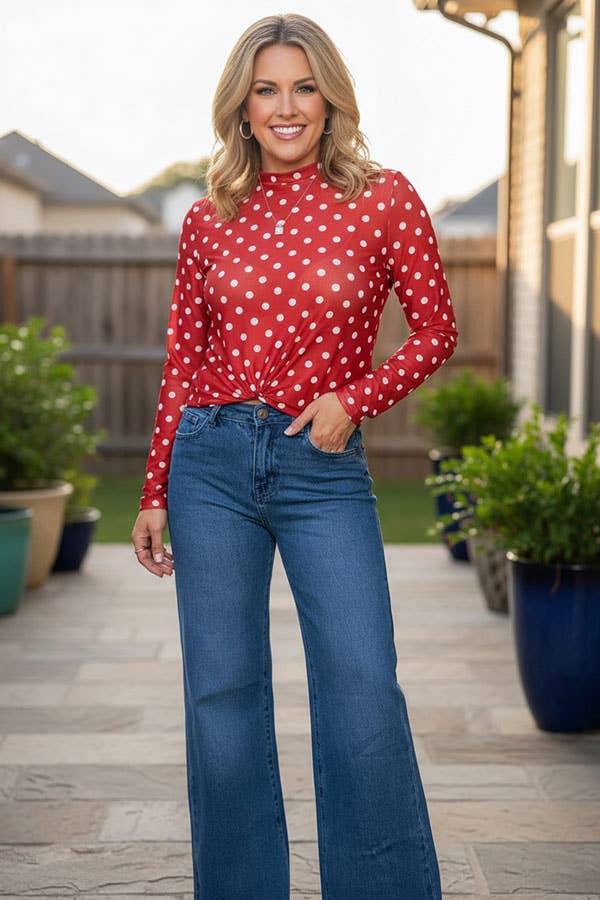 Western polka dots red sheer women's boutique top Southern Stitch XCH17447