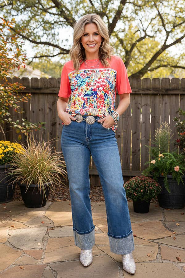 Chic tropical floral & coral lace trim women's boutique top Southern Stitch GJQ16436