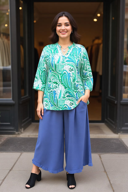 Mint & turquoise paisley printed 3/4 sleeves lace trim women blouse GJQ16232