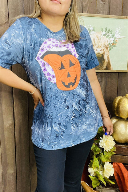 DLH10080 Spooky tongue&mouth tie-dye blue short sleeve women tops IS5