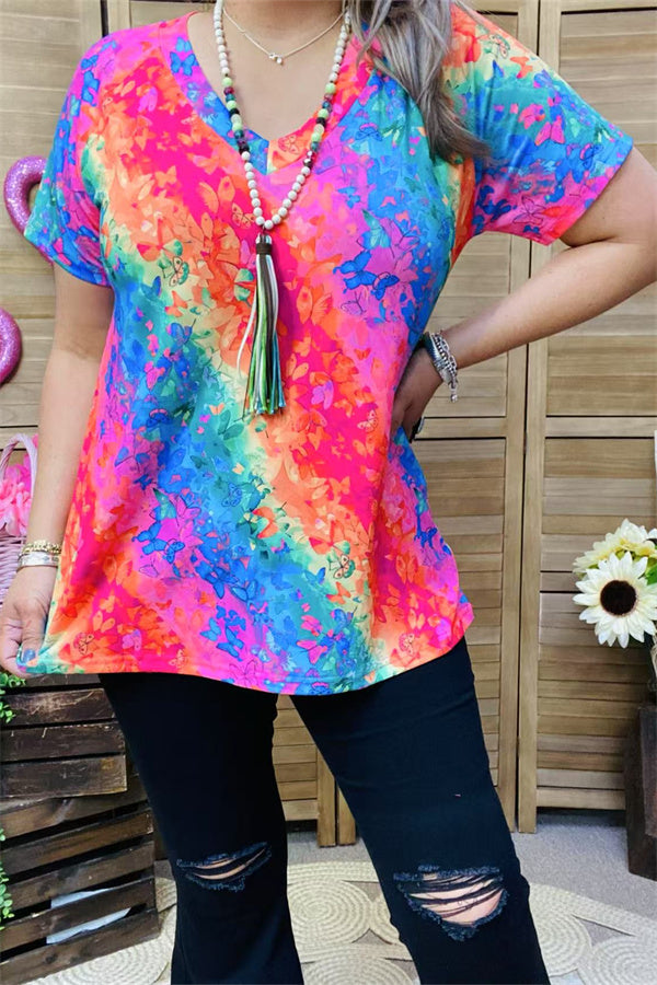 BQ15868 Teal&fuchsia butterflies multi color printed short sleeve V-neckline women tops