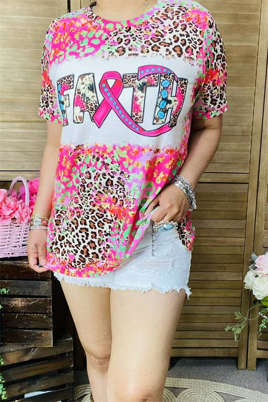 XCH12421 FAITH pink leopard multi color printed short sleeve women t-shirts
