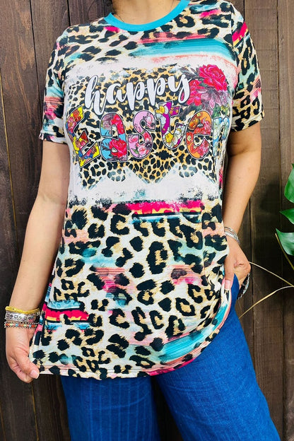 XCH12576 HAPPY EASTE leopard  printed short sleeves women top