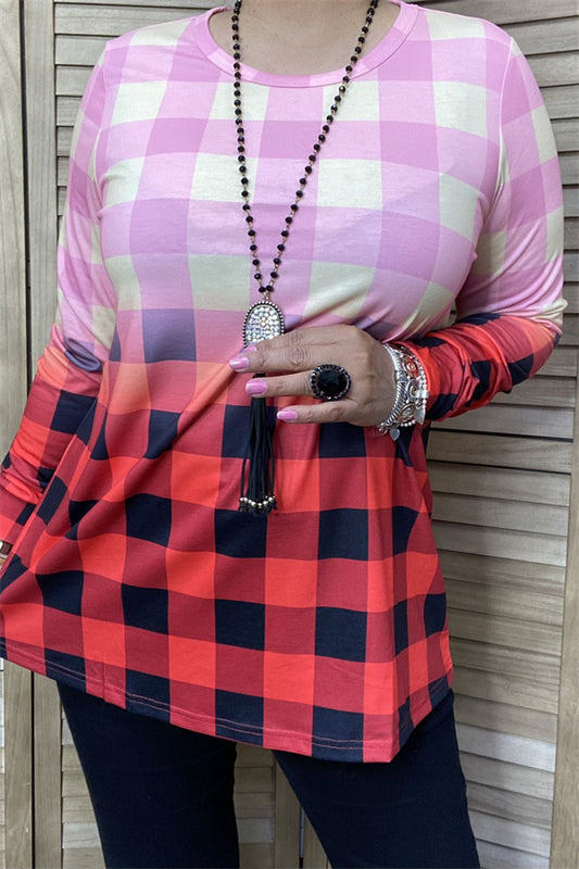 XCH12087 Buffalo plaid ombre long sleeve top